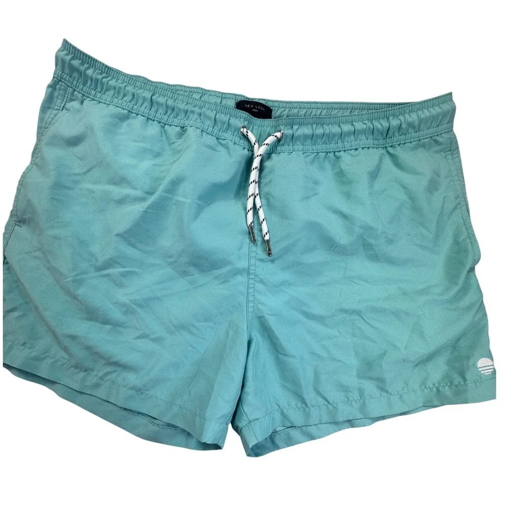 New Look Men Aqua Blue Swim Shorts Trunks Mesh Lined Elastic Waist Size Large